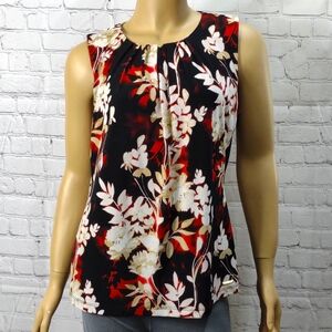 Calvin Klein black, white and tan floral print sleeveless blouse